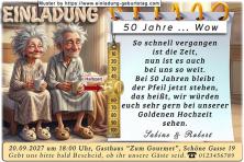 Die lustige Einladung zur Goldenen Hochzeit mit dem Ehepaar, das mit einem Kaffee auf der Bettkante sitzt und sich wundert.