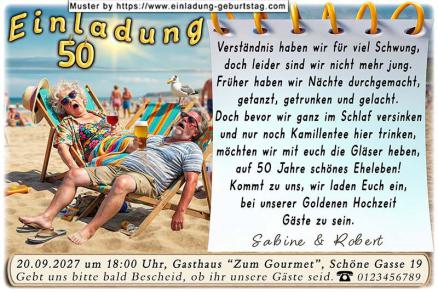 Die lustige Einladung zur Goldenen Hochzeit mit dem Ehepaar, das total geschafft im Liegestuhl am Strand liegt