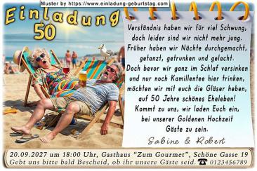 Die lustige Einladung zur Goldenen Hochzeit mit dem Ehepaar, das total geschafft im Liegestuhl am Strand liegt