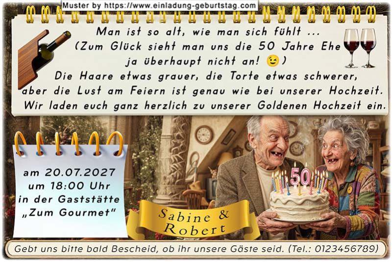 Die lustige Einladung zur Goldenen Hochzeit mit dem Ehepaar, das eine Torte mit der Zahl 50 in Händen hält
