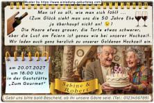 Die lustige Einladung zur Goldenen Hochzeit mit dem Ehepaar, das eine Torte mit der Zahl 50 in Händen hält