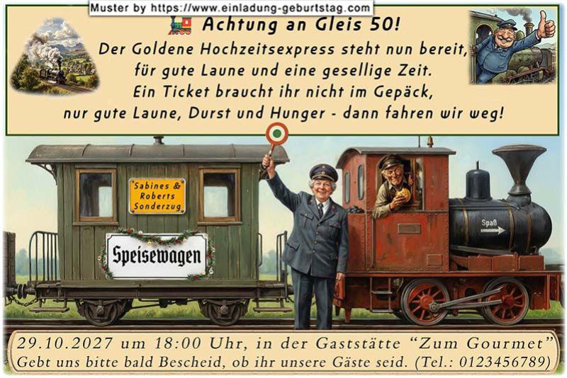 Die lustige Einladung zur Goldenen Hochzeit mit dem Sonderzug für Ihre Gäste, Abfahrt ist von Gleis 50