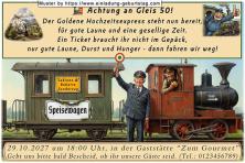 Die lustige Einladung zur Goldenen Hochzeit mit dem Sonderzug für Ihre Gäste, Abfahrt ist von Gleis 50