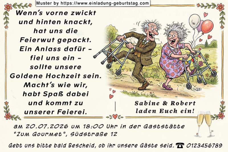 Einladung Goldene Hochzeit lustig - das tanzende Paar am Rollator hat die Feierwut gepackt