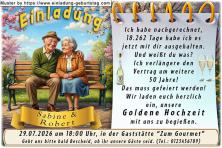 Einladung Goldene Hochzeit lustig - das immer noch verliebte Ehepaar auf der Parkbank