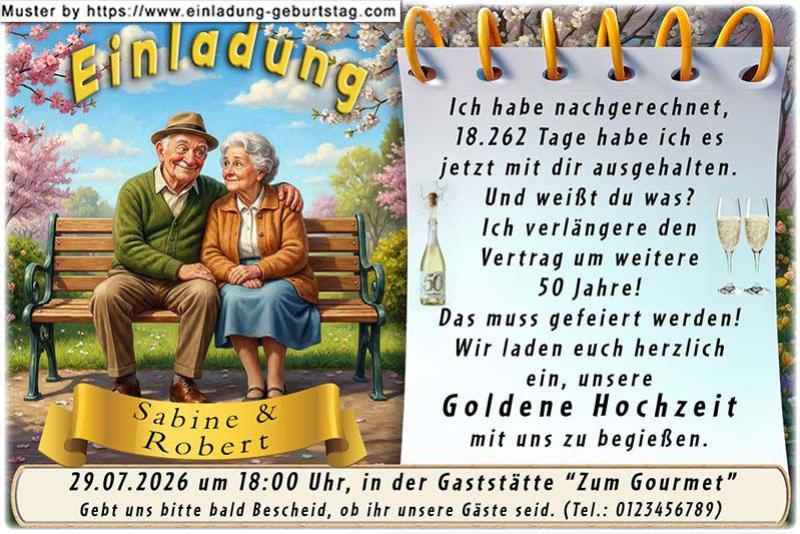 Einladung Goldene Hochzeit lustig - das immer noch verliebte Ehepaar auf der Parkbank
