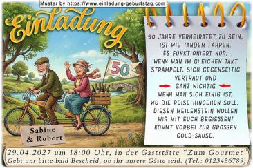 Die lustige Einladung zur Goldenen Hochzeit mit dem Paar auf einem Tandem, das feststellt: man muss im gleichen Takt strampeln.