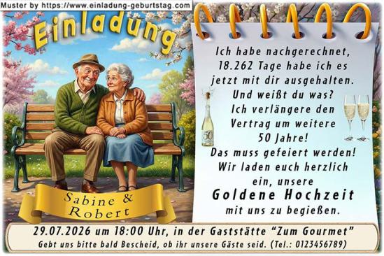 Einladung Goldene Hochzeit lustig - das immer noch verliebte Ehepaar auf der Parkbank