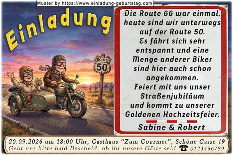 Einladung Goldene Hochzeit lustig - das Paar auf dem Motorrad unterwegs auf der Route 50, die Route 66 war einmal