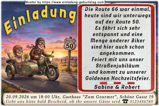Einladung Goldene Hochzeit lustig - das Paar auf dem Motorrad unterwegs auf der Route 50, die Route 66 war einmal