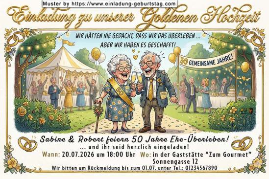 Einladung Goldene Hochzeit lustig - das entspannte Paar Hand in Hand freut sich auf die Goldene Hochzeitsfeier