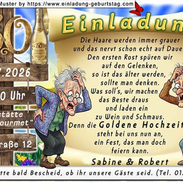 Die lustige Einladungskarte zur Goldenen Hochzeit mit dem Ehewecker