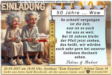 Die lustige Einladung zur Goldenen Hochzeit mit dem Ehepaar, das mit einem Kaffee auf der Bettkante sitzt und sich wundert.