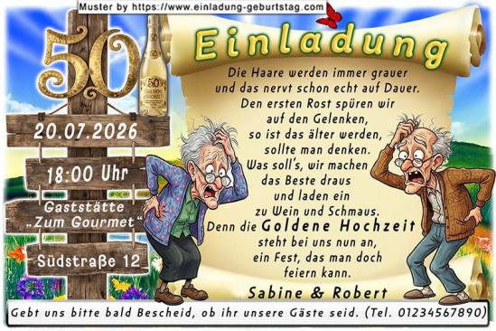 Einladung Goldene Hochzeit lustig - die Haare werden immer grauer und das nervt schon echt auf Dauer