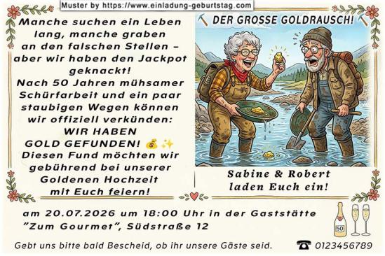 Einladung Goldene Hochzeit lustig - das Paar beim Goldschürfen - der große Fund