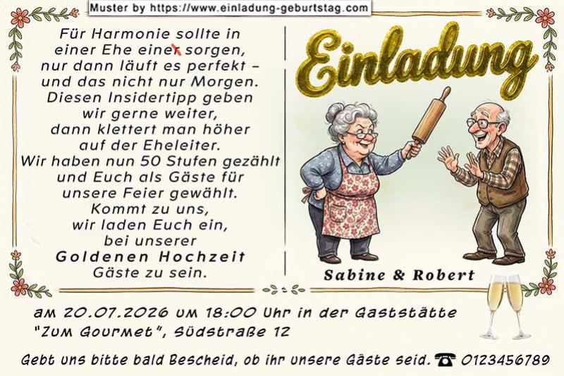 Einladung Goldene Hochzeit lustig - gut dass die Ehefrau immer für Ordnung sorgt - die Frau mit dem Nudelholz