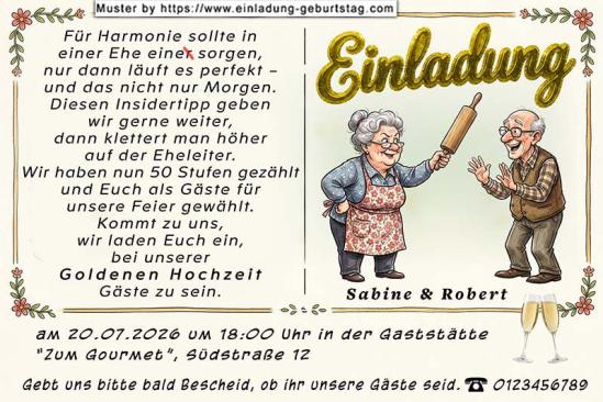 Einladung Goldene Hochzeit lustig - gut dass die Ehefrau immer für Ordnung sorgt - die Frau mit dem Nudelholz
