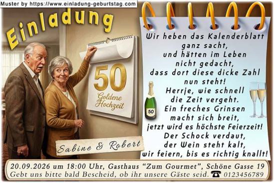 Einladung Goldene Hochzeit lustig - der Wandkalender, beim umblättern wird die goldene 50 sichtbar