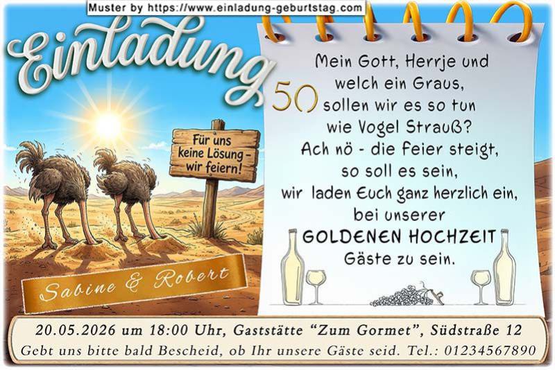 Einladung Goldene Hochzeit lustig - 2 Vögel Strauß stecken den Kopf in den Sand - für Sie ist das keine Lösung