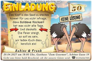 Die lustige Einladung zur Goldenen Hochzeit - ein Straußenpaar steckt den Kopf in den Sand - für Sie sind die beiden kein Vorbild - Sie feiern