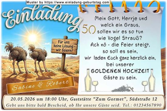 Einladung Goldene Hochzeit lustig - 2 Vögel Strauß stecken den Kopf in den Sand - für Sie ist das keine Lösung