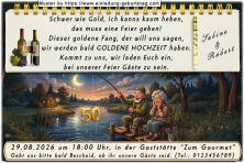 Einladung Goldene Hochzeit lustig - das Paar beim angeln, der große Fang, die goldene 50 am Haken