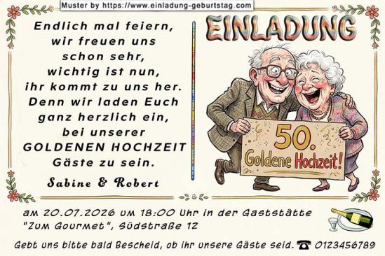 Einladung Goldene Hochzeit lustig - das witzige Paar freut sich sichtlich auf die Goldene Hochzeitsfeier