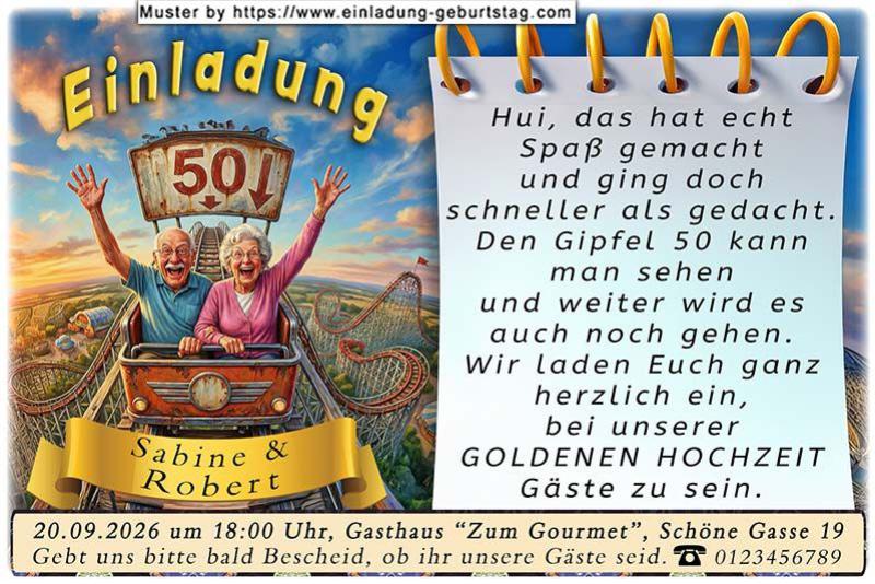 Einladung Goldene Hochzeit lustig - das Paar auf der Achterbahn am 50-er Gipfel