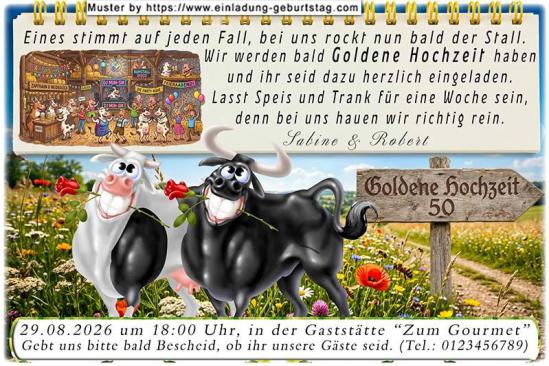 Einladung Goldene Hochzeit lustig - Bulle und Kuh laden ein, hier rockt bald der Stall