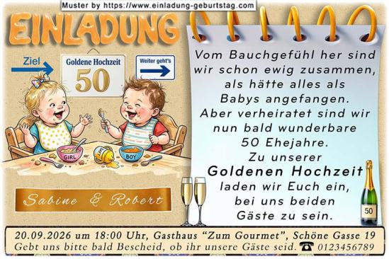Einladung Goldene Hochzeit lustig - 2 Babys am Tisch verstehen sich super, vom Bauchgefühl her sind Sie schon ewig zusammen