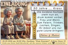 Einladung Goldene Hochzeit lustig - das nachdenkliche Paar auf der Bettkante sitzend, schon 50 Jahre verheiratet - krass!