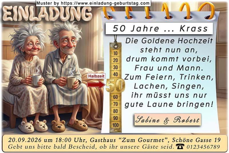 Einladung Goldene Hochzeit lustig - das nachdenkliche Paar auf der Bettkante sitzend, schon 50 Jahre verheiratet - krass!