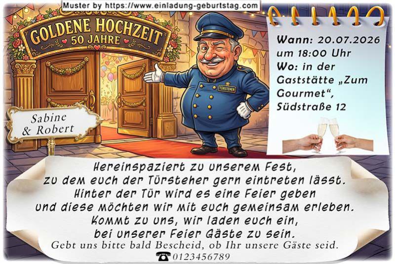Einladung Goldene Hochzeit lustig - der freundliche Türsteher empfängt Ihre Gäste