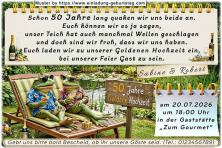 Einladung Goldene Hochzeit lustig - das relaxte Froschpaar im Liegestuhl am Gartenteich - 50 Jahre verheiratet