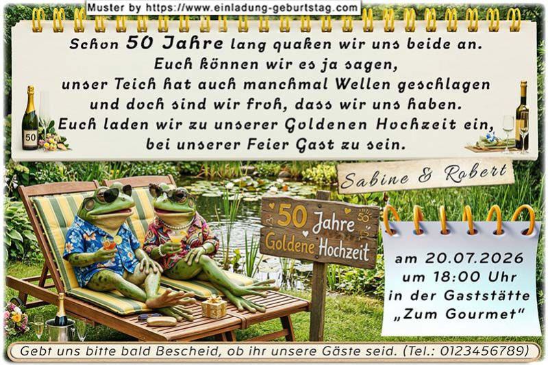 Einladung Goldene Hochzeit lustig - das relaxte Froschpaar im Liegestuhl am Gartenteich - 50 Jahre verheiratet