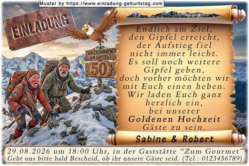 Einladung Goldene Hochzeit lustig - Sie haben den Gipfel des Berges erreicht, das 50-er Bergkreuz