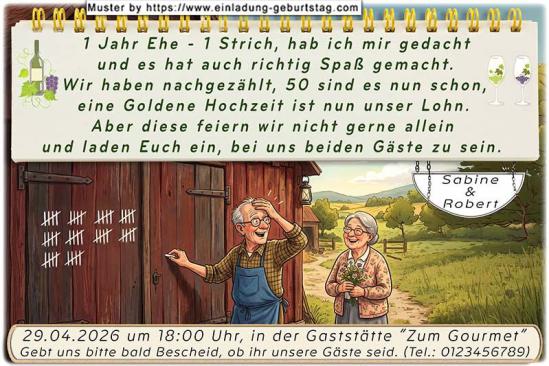 Einladung Goldene Hochzeit lustig - Sie haben 50 Striche an der Wand gezählt, jetzt wird gefeiert