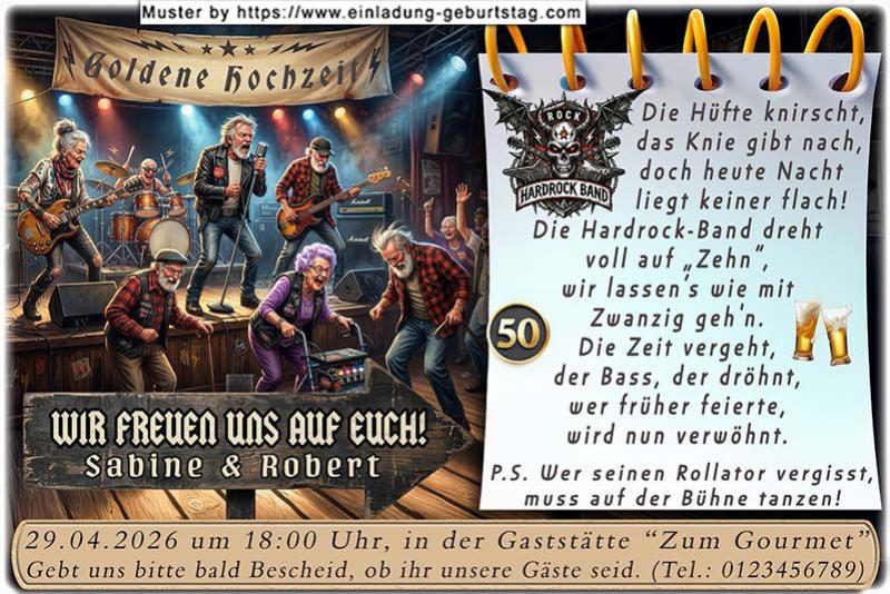Einladung Goldene Hochzeit lustig - die Rollatorparty vor der Goldenen Hochzeitsbühne mit den Gästen