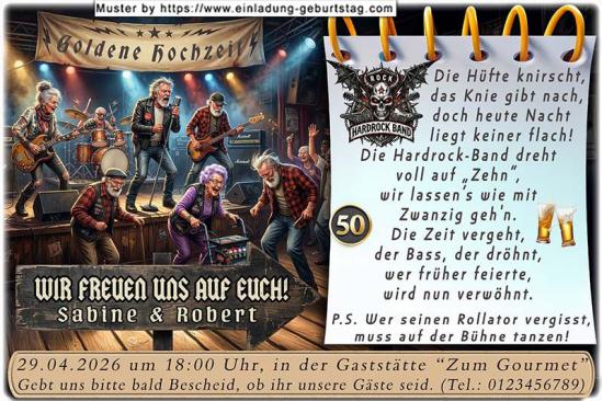 Einladung Goldene Hochzeit lustig - die Rollatorparty vor der Goldenen Hochzeitsbühne mit den Gästen