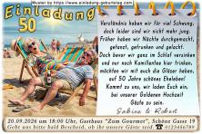 Einladung Goldene Hochzeit lustig - das geschaffte Paar im Liegestuhl am Strand