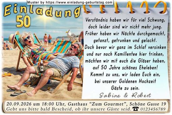 Einladung Goldene Hochzeit lustig - das geschaffte Paar im Liegestuhl am Strand
