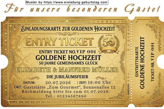 Einladung Goldene Hochzeit lustig - ein Goldticket für Ihre Gäste zur Goldenen Hochzeitsfeier
