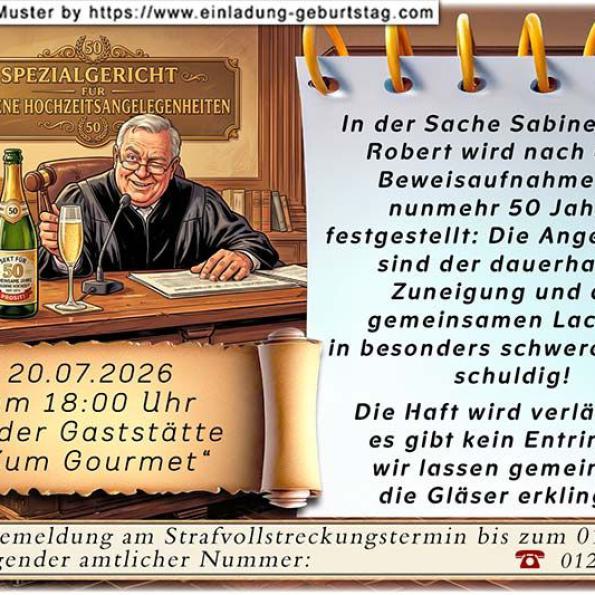 Die lustige Einladungskarte zur Goldenen Hochzeit mit dem Urteilsspruch