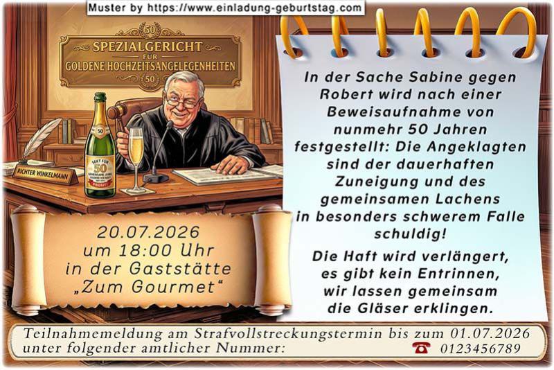 Einladung Goldene Hochzeit lustig - der Urteilsspruch von Richter Gnadenlos - Ausrichten einer Goldenen Hochzeitsfeier