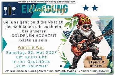 Diese lustige Einladung zur Goldenen Hochzeit zeigt Ihren Gästen, dass bei Ihrer Feier die Post abgehen wird