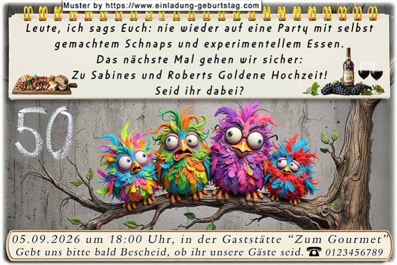 Einladung Goldene Hochzeit lustig - die lustigen bunten Vögel gehen diesmal auf Nummer sicher