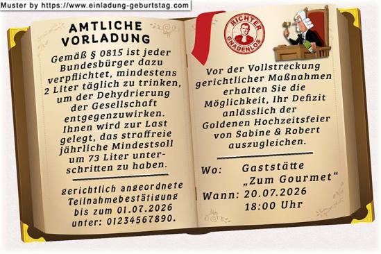 Einladung Goldene Hochzeit lustig - die amtliche Vorladung vom Richter zu Ihrer Goldenen Hochzeitsfeier