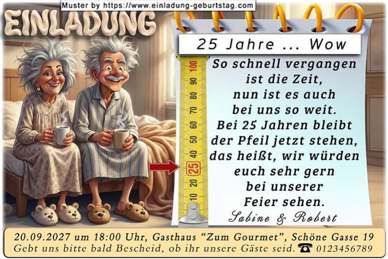 Die lustige Einladung zur Silberhochzeit mit dem Bandmaß - ein Pfeil zeigt auf die 25