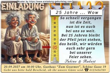 Die lustige Einladung zur Silberhochzeit mit dem Bandmaß - ein Pfeil zeigt auf die 25