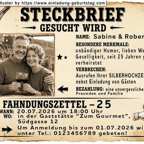 Die lustige Einladungskarte zur Silberhochzeit  mit dem Paar auf dem Bike